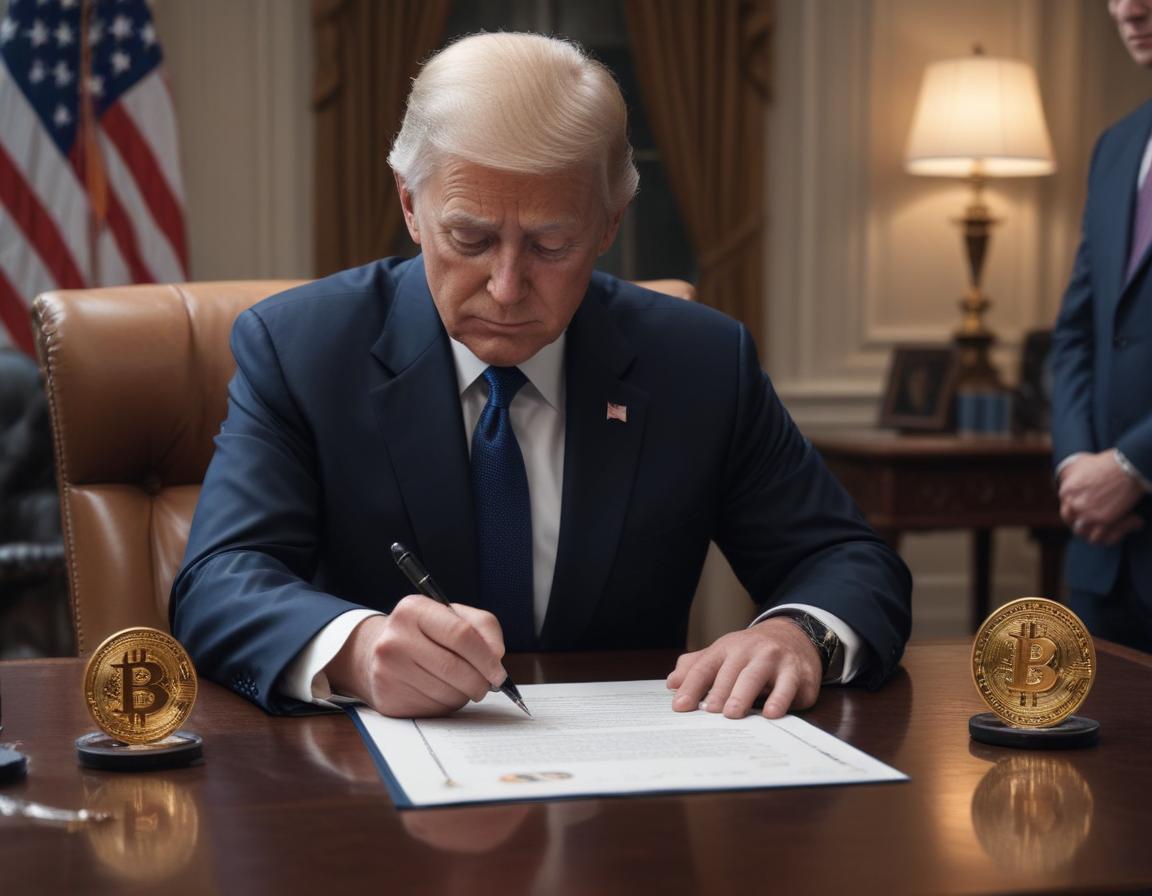 U.S. President signing a document with glowing cryptocurrency logos