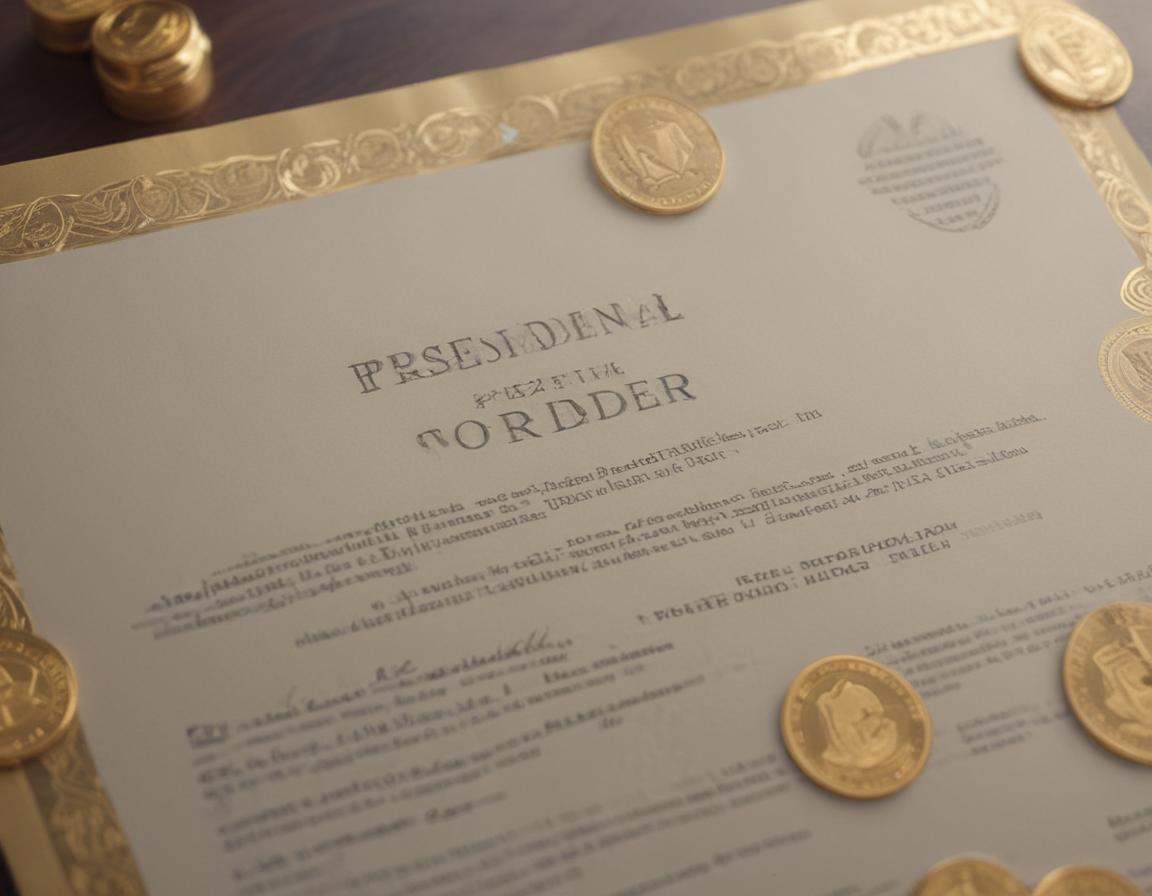 A detailed image of a signed executive order surrounded by crypto symbols