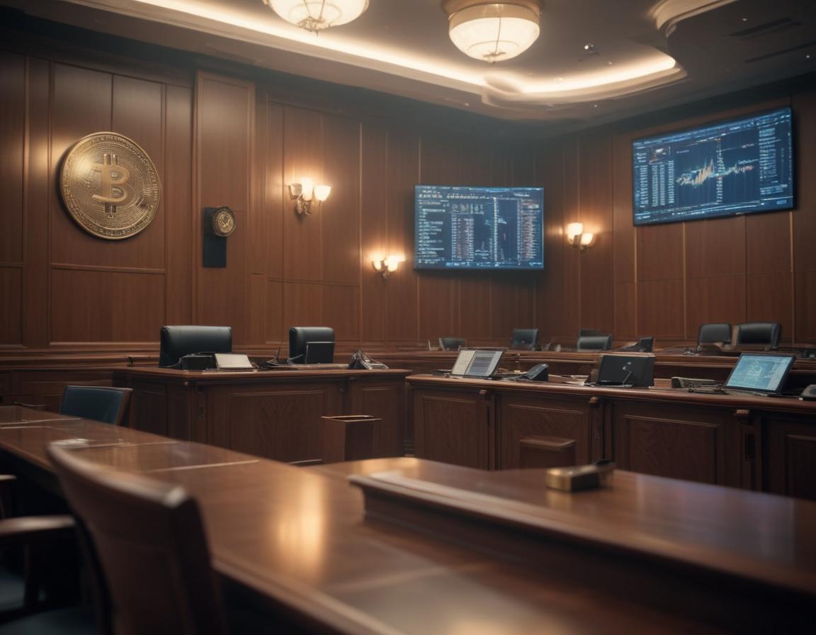 Detailed courtroom scene with blockchain graphics.