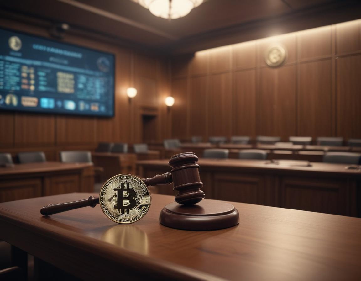 Cryptocurrency coins on scales of justice, symbolizing regulation and freedom.
