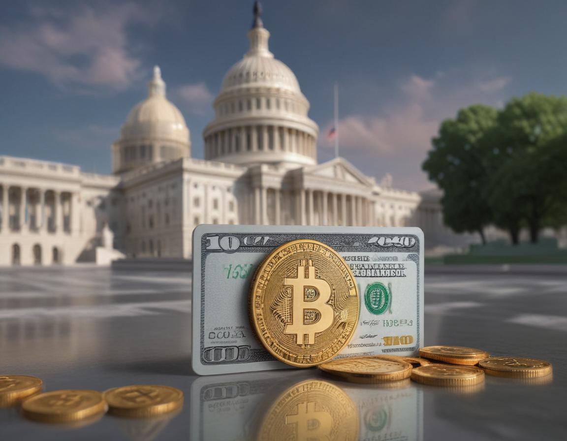 The U.S. Capitol along with cryptocurrency symbols and a digital wallet