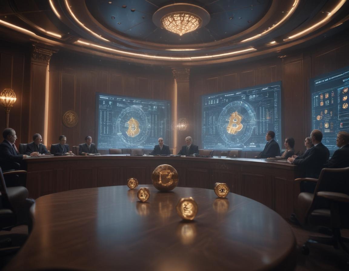 Futuristic courtroom with cryptocurrency logos