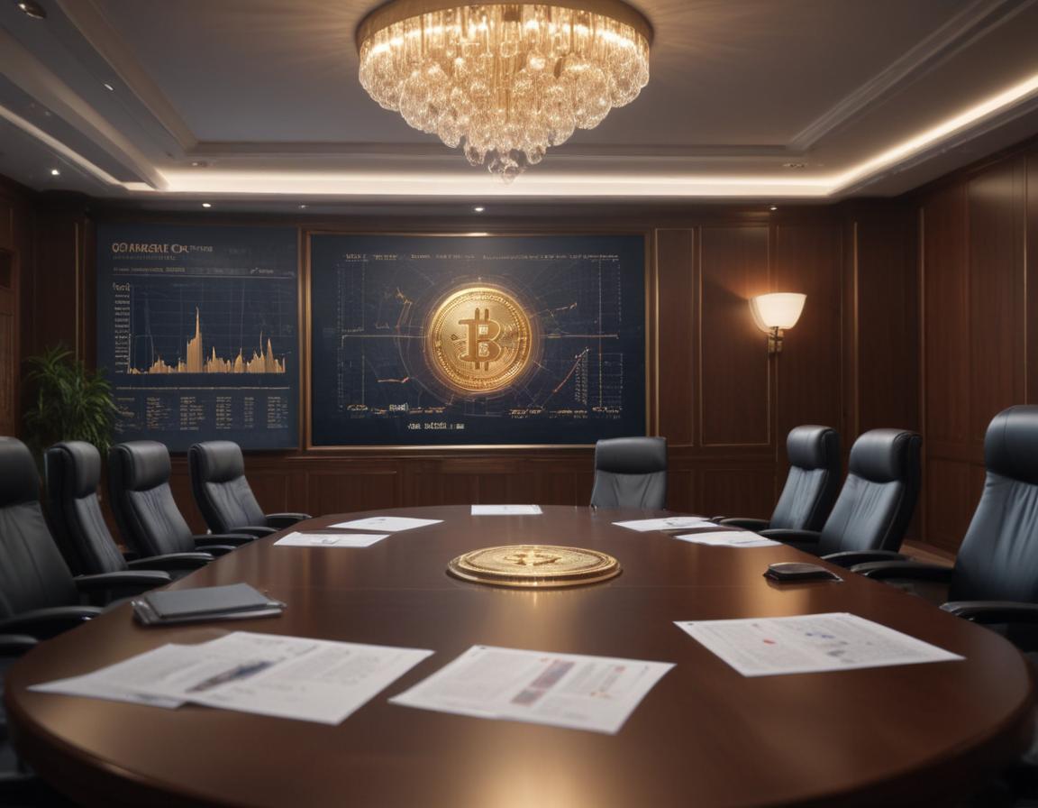 A professional meeting room with officials discussing cryptocurrency regulation, with visible documents displaying crypto graphs and legal symbols