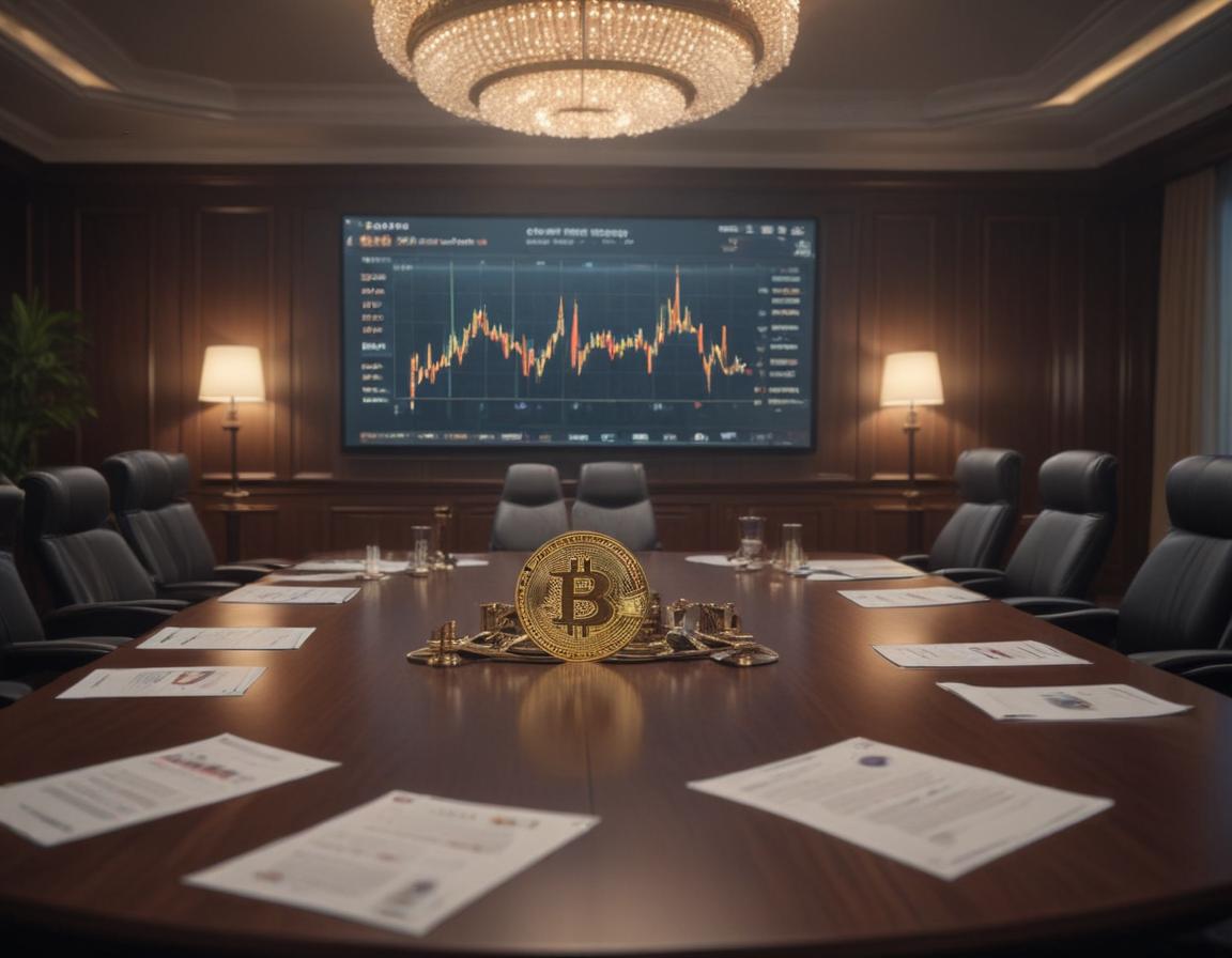 A detailed image of a legislative hearing room with lawmakers debating cryptocurrency laws, featuring blockchain screens with graphs and legal terms