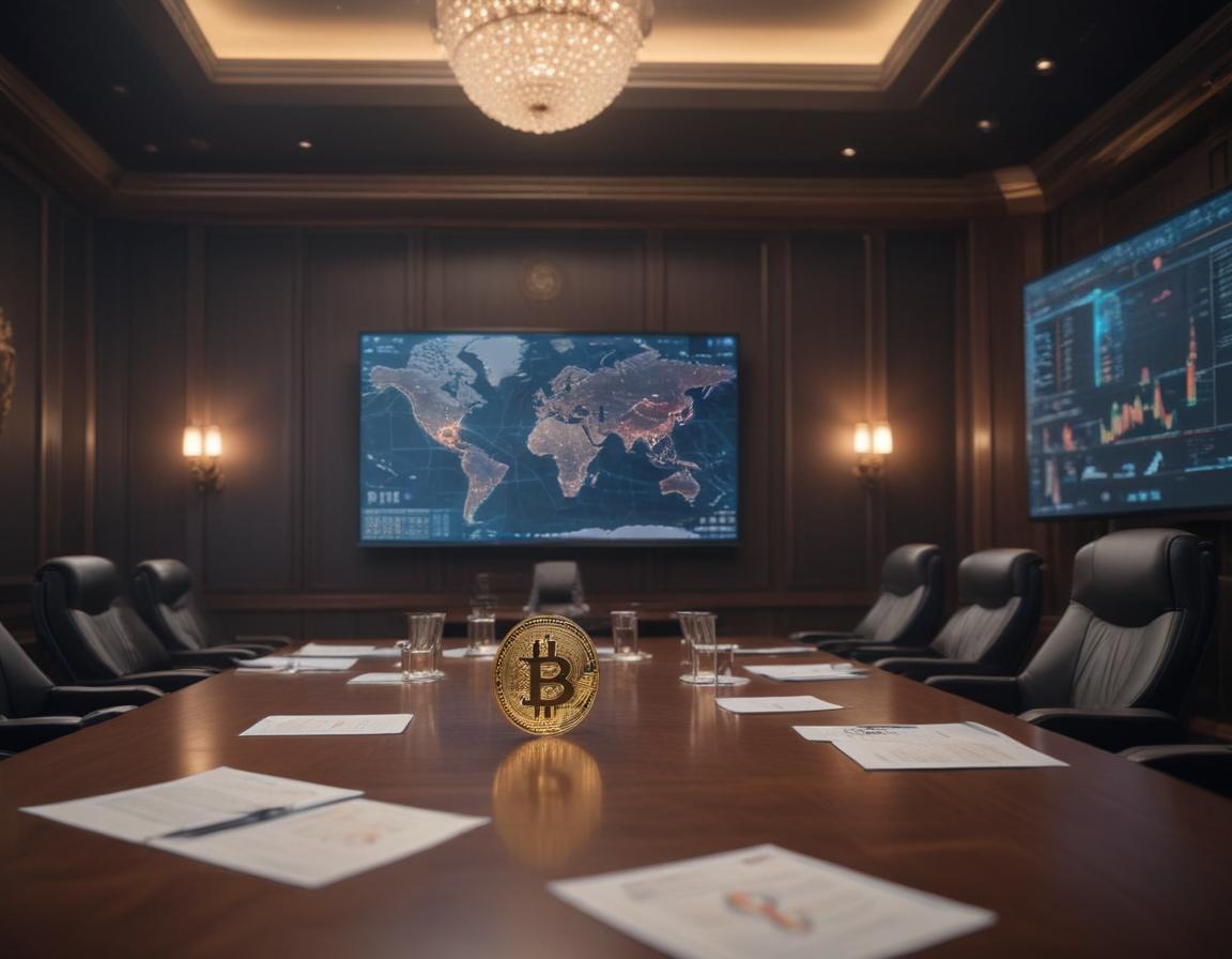 A presidential office setting with digital images of blockchain, cryptocurrencies, and financial charts integrated with a legal document