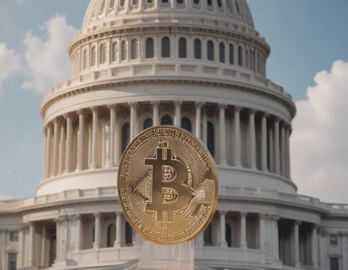 Courtroom setting with a Bitcoin hologram at the center