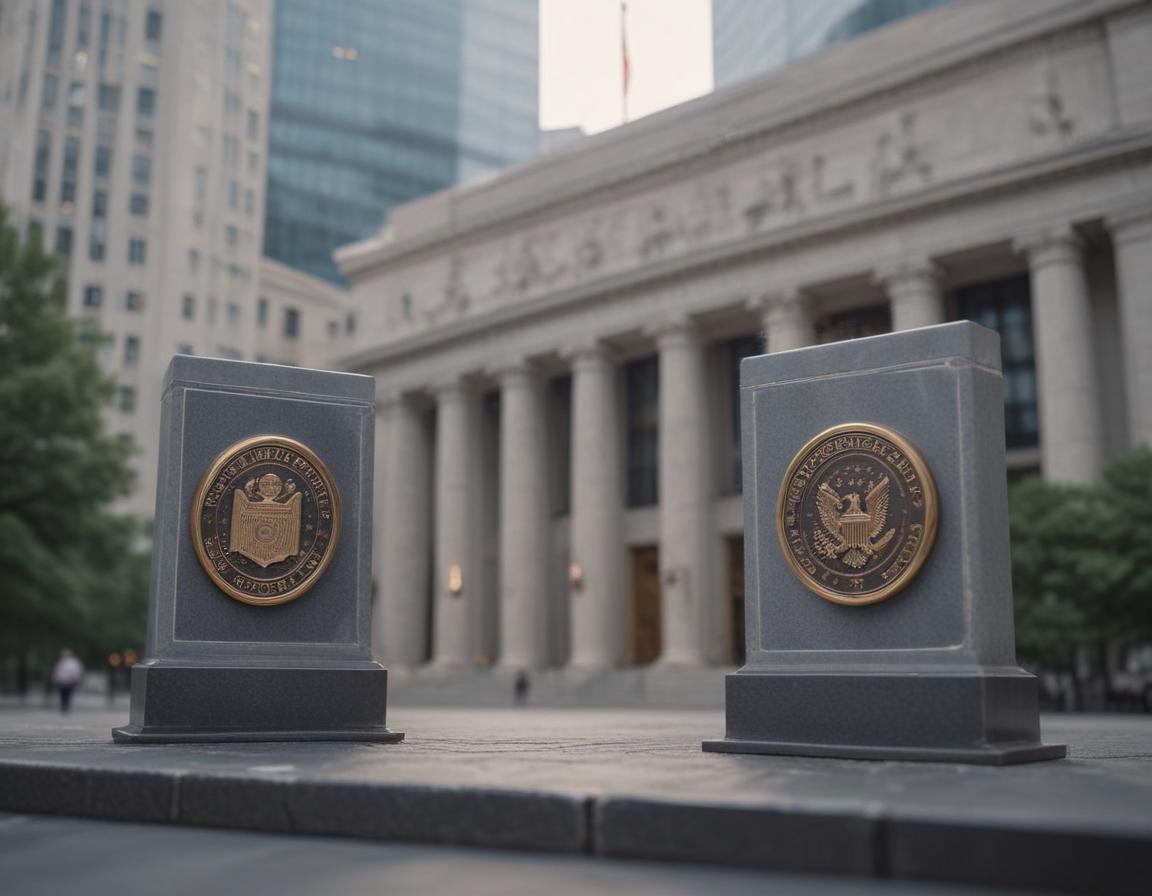 Government buildings symbolizing SEC and CFTC with blockchain symbols hovering above