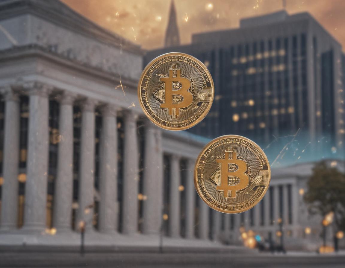 Federal agency buildings with cryptocurrency symbols floating around them
