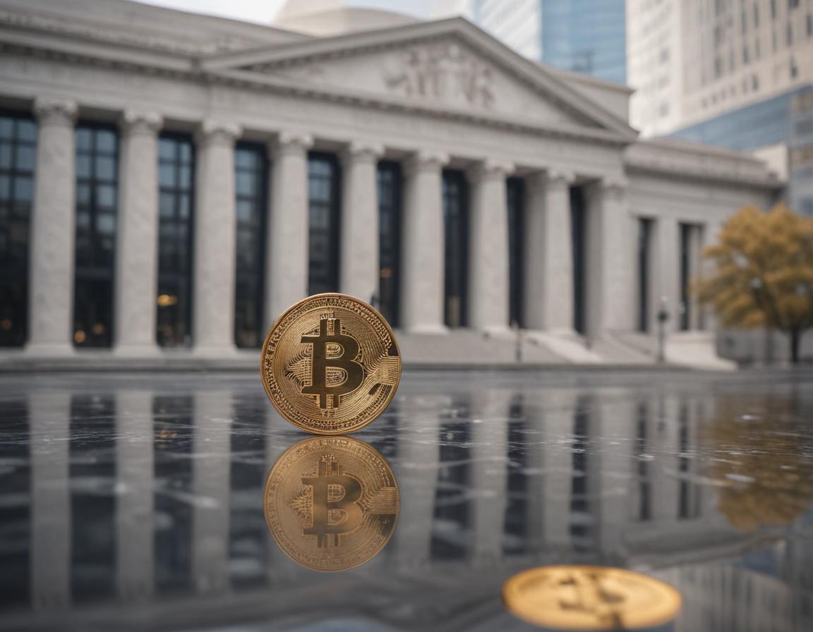 President Trump signing a document with crypto-related symbols on transparent screens in the background
