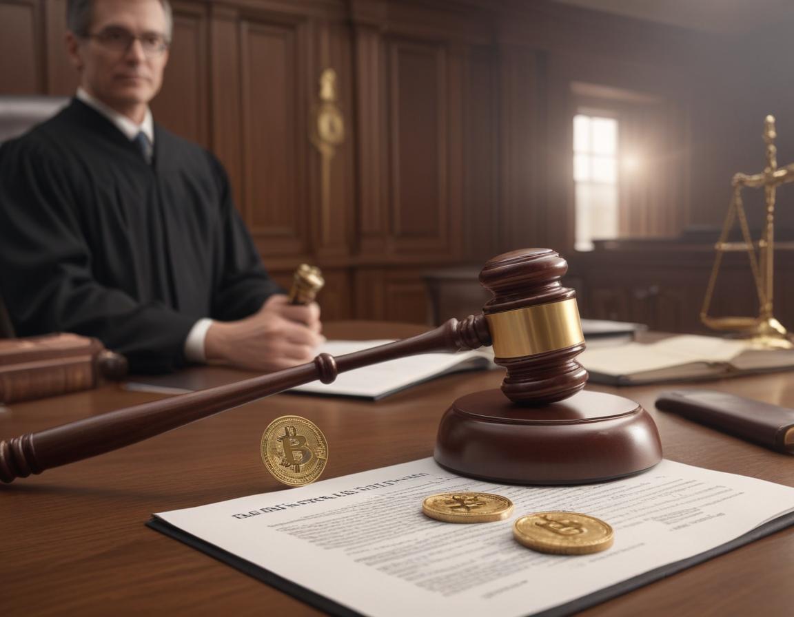 A U.S. judge holding a gavel with digital currency in the foreground, representing blockchain regulation.
