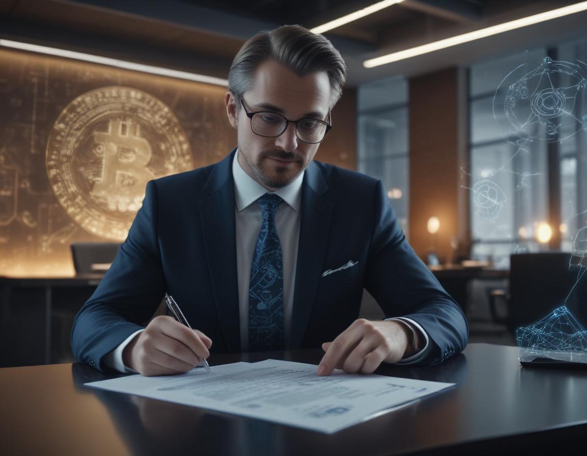 Executive signing blockchain-focused document with digital currency symbols in the background.