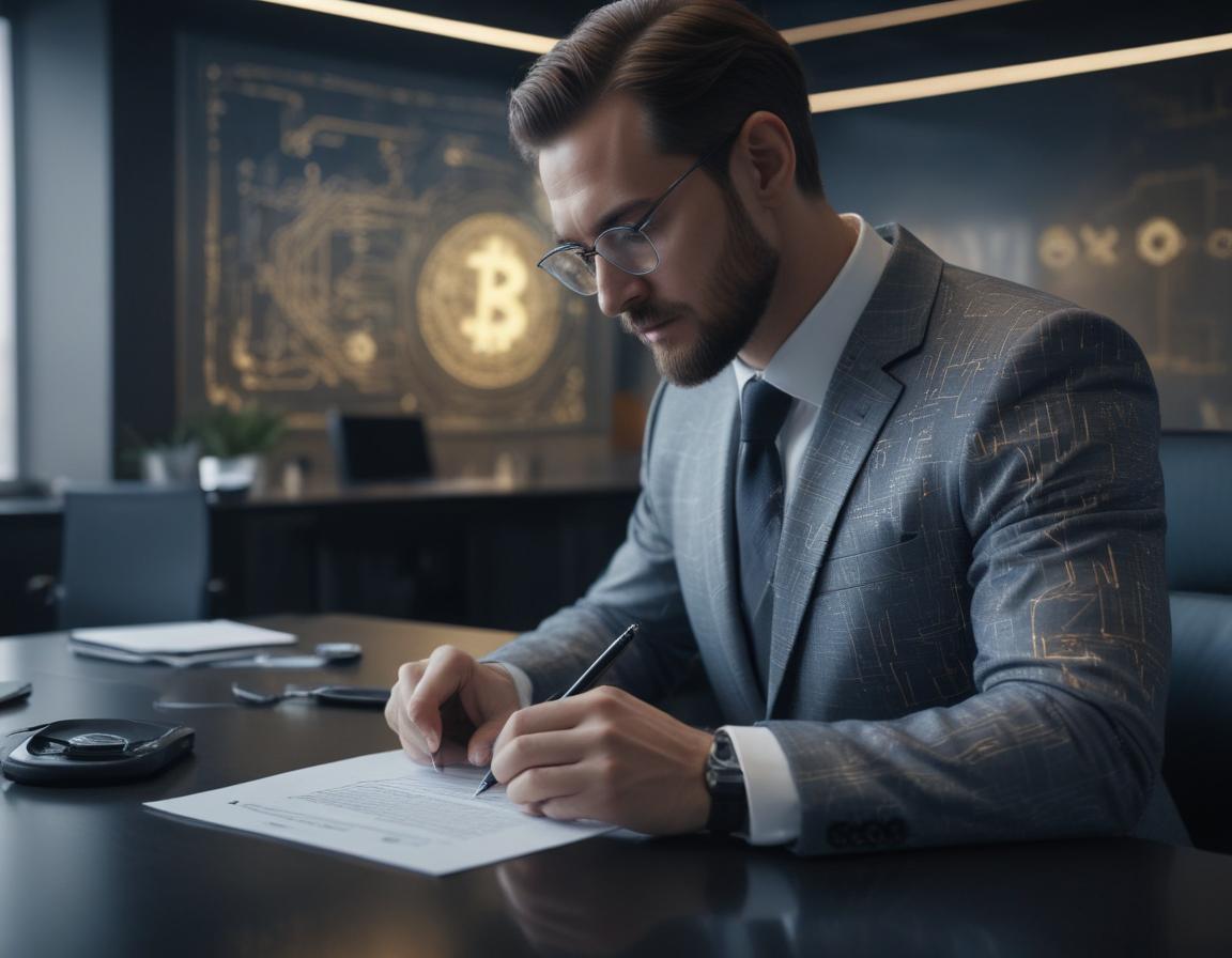 Courtroom scene with judge and cryptocurrency disputes illustrated on digital displays.
