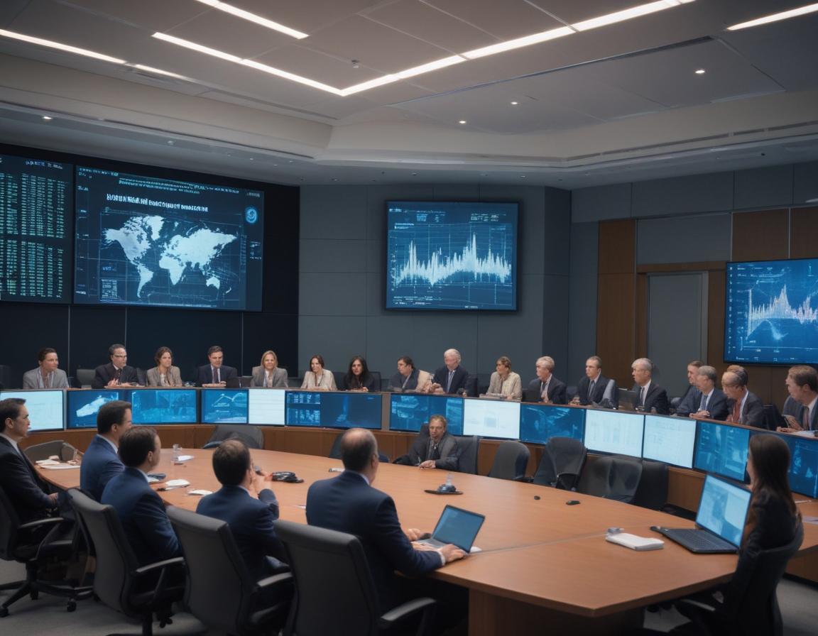 A futuristic bank showing stablecoin terminals and blockchain technology integration