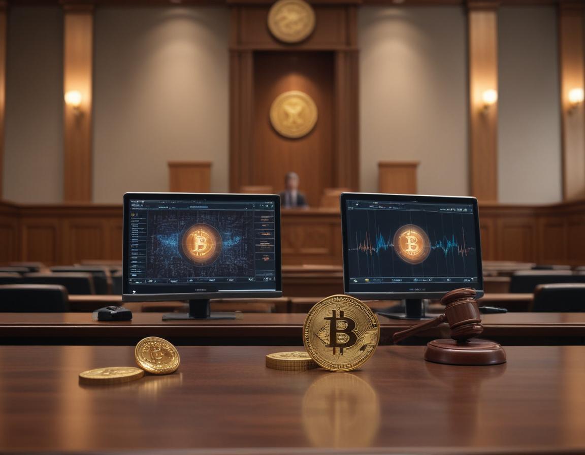 Courtroom with cryptocurrency icons